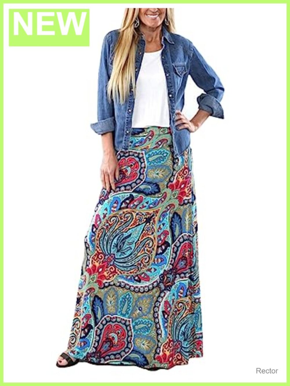 Womens Bohemian Floral Print Long Maxi Skirt Elastic Waist A-Line Flowy